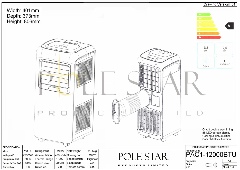 PAC1-12000BTU, Portable Air Conditioner 1320W